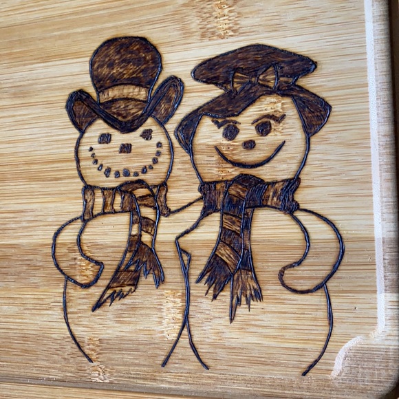 Adorable Woodburned Snowman Couple Cutting board charcuterie - Picture 2 of 5